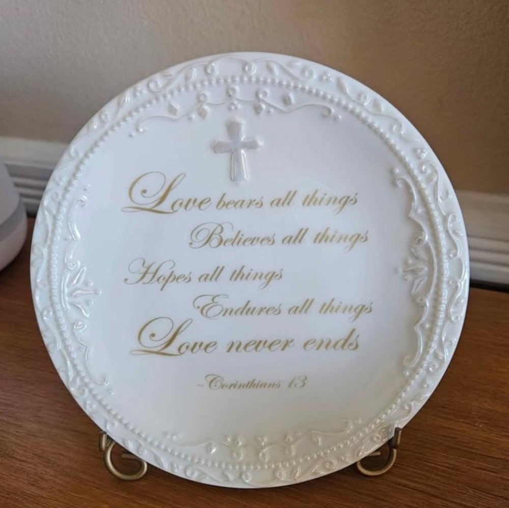 Decorative White Plate with Gold Script Love Is Patient